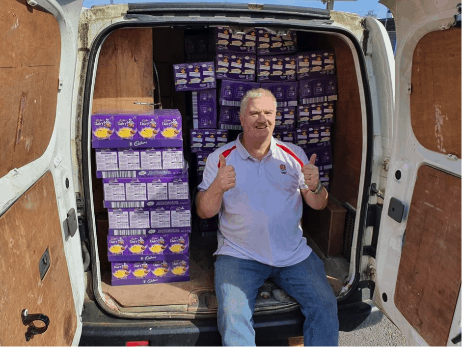 Thumbs up from Alan with a van full of Easter eggs