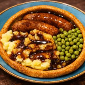 Filled Yorkshire With Sausage Mash Peas & Gravy
